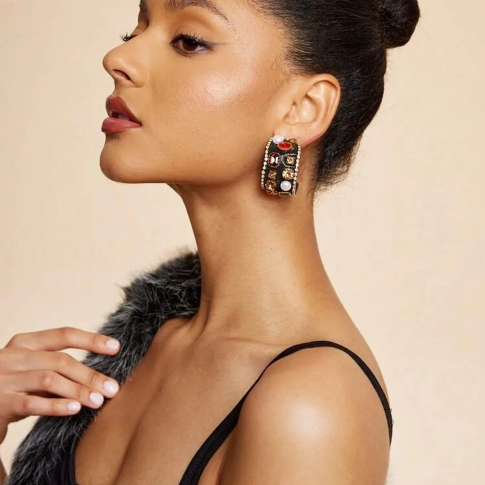 2/$30🌵 Bejeweled Thick Black Hoop Earrings Rhinestone Faux Pearl Royalty NEW